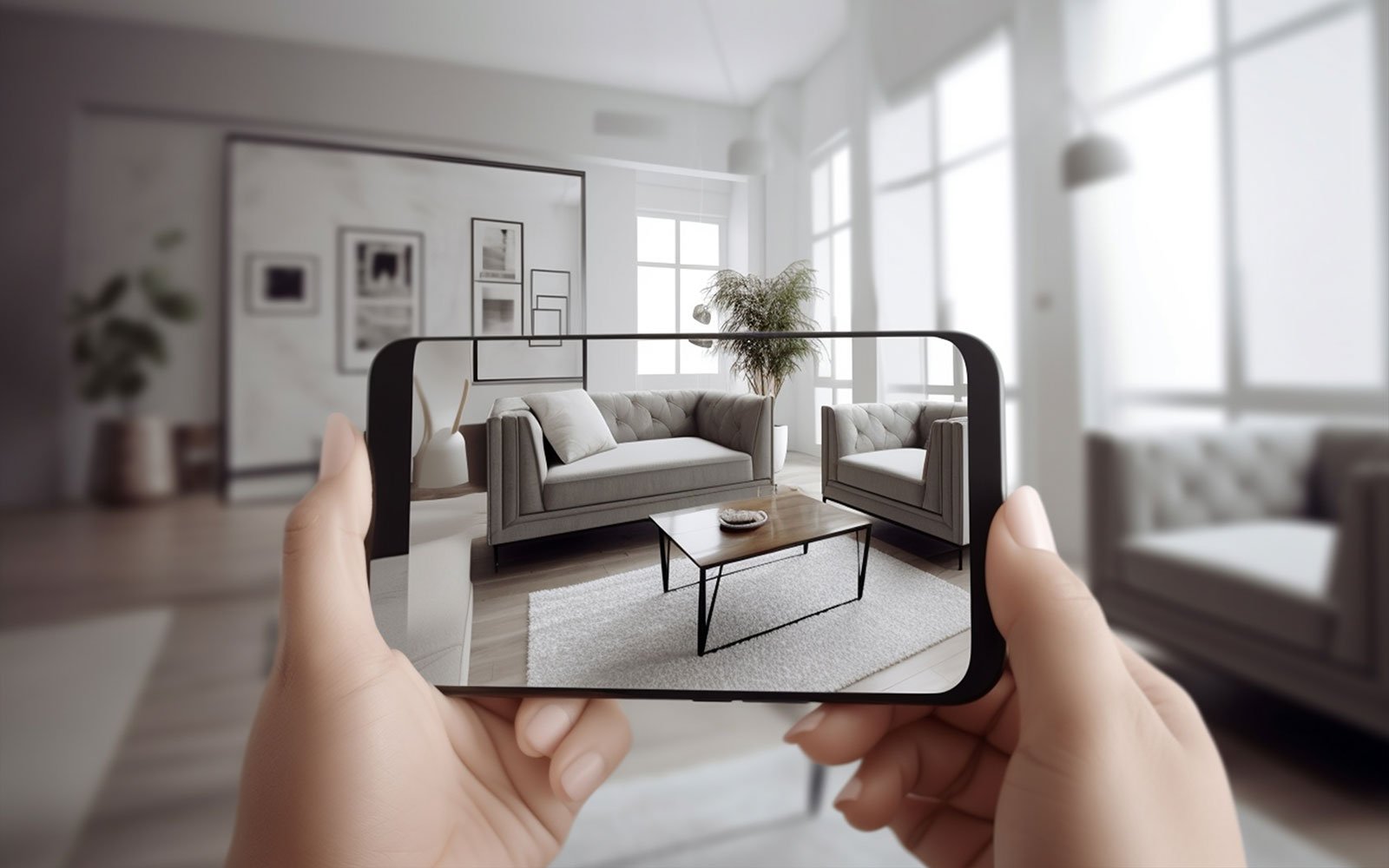 ar furniture display using augmented reality to display sofa in empty space