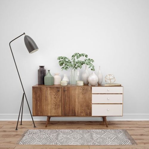 sideboard A sleek sideboard with ornaments on top